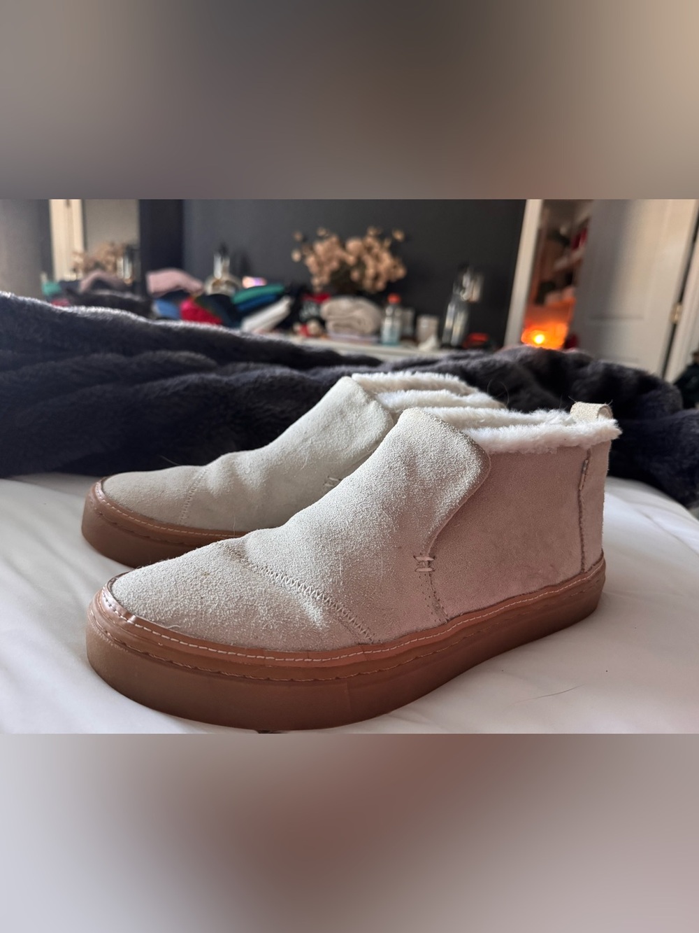 Toms Cream Suede Slip-On Booties with Brown Gum Sole